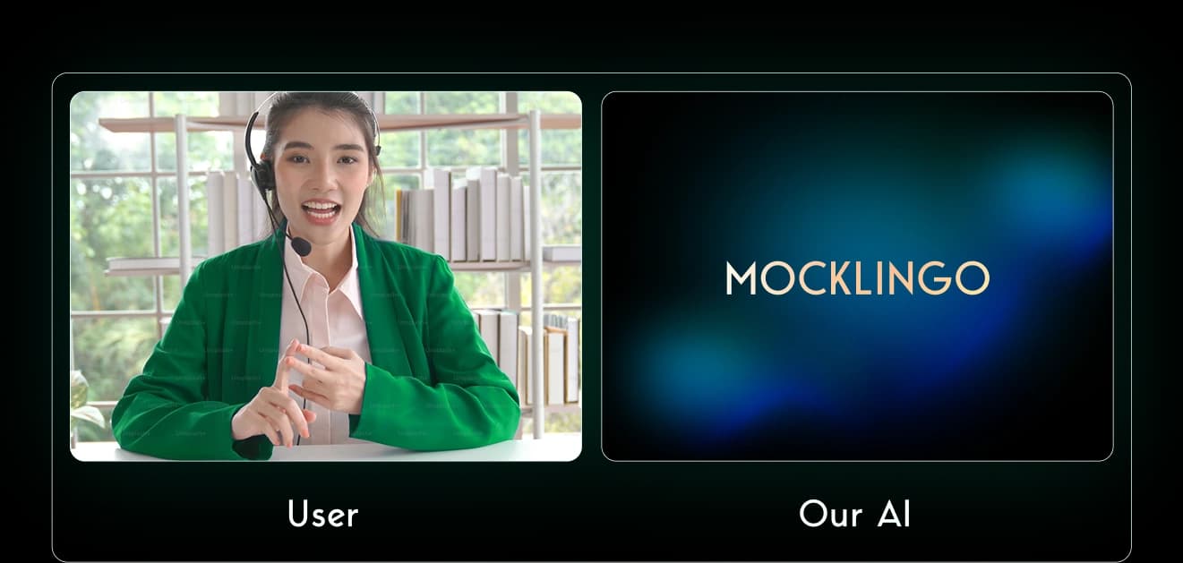 Clean, minimal mock interview UI showing a candidate speaking to an AI interviewer with response timer and controls
